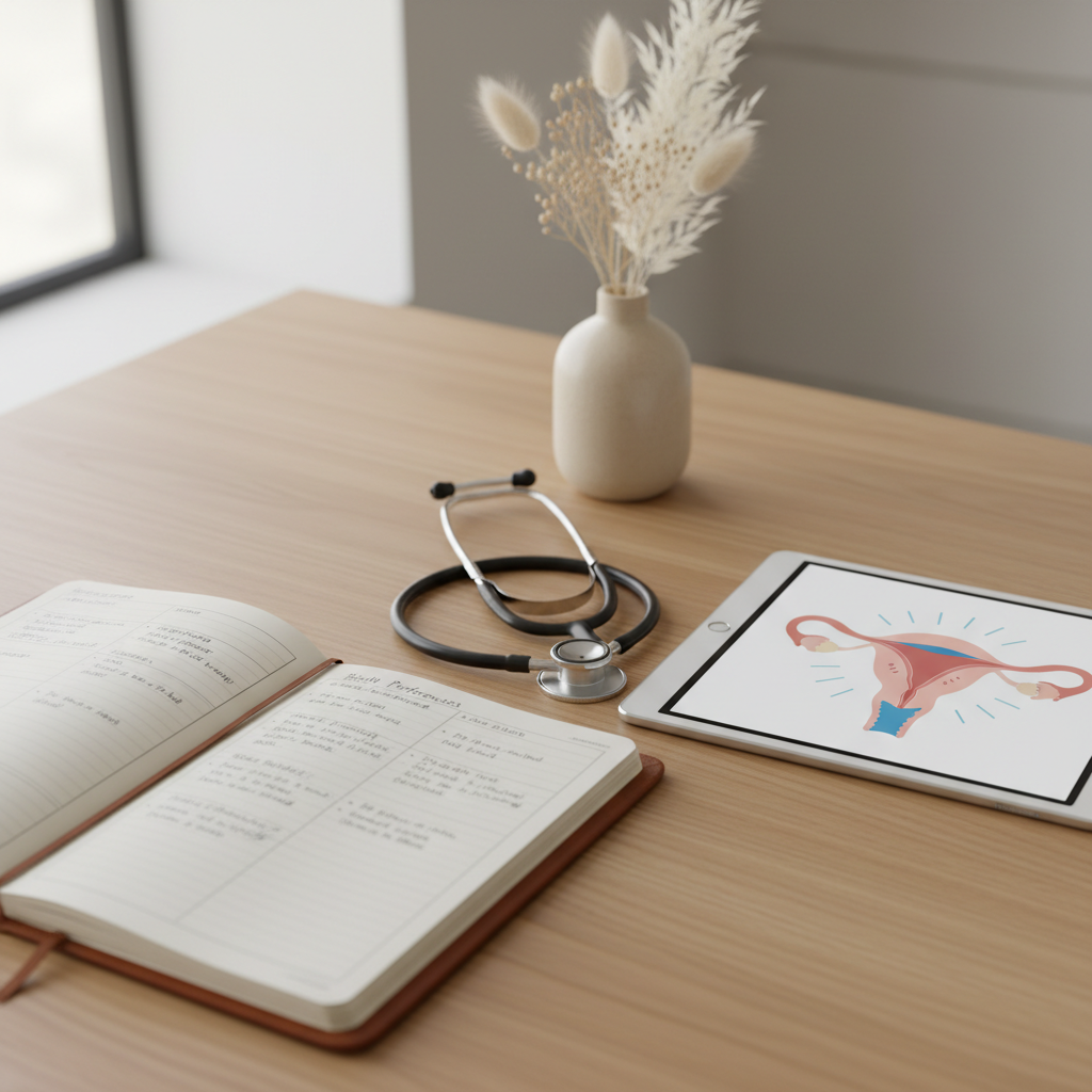 A close-up of a tidy midwifery consultation desk featuring an open leather-bound notebook with neatly written birth planning notes, a digital tablet displaying a stylized uterus anatomy diagram, and a stethoscope coiled intentionally beside them. The desk is a smooth light oak surface with a single neutral ceramic vase holding dried white botanicals in the background. Soft, indirect daylight from an unseen window creates a calm, even glow and subtle reflections on the tablet screen. Shot from a slightly elevated angle with shallow depth of field, the focus rests on the tools of care, suggesting evidence-based professionalism and gentle guidance. The overall style is photographic, modern, and uncluttered, with a soothing, warm yet corporate atmosphere.