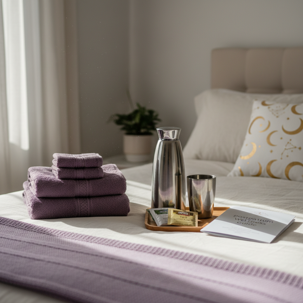 A serene postpartum care setup on a neatly made bed with crisp off-white linens, featuring a stacked trio of plush purple towels, a stainless-steel water carafe with a matching tumbler, and a small tray holding herbal tea packets and a closed postpartum care booklet. A lavender-colored throw blanket is folded at the foot of the bed, and a small celestial-print pillow rests against the headboard. Soft, indirect morning light enters from the side, creating gentle shadows and a calm, nurturing atmosphere. The composition uses the rule of thirds with a shallow depth of field, keeping the care items in sharp focus while the background melts into a soft blur, evoking comfort and professional, holistic support in a photographic, clean style.