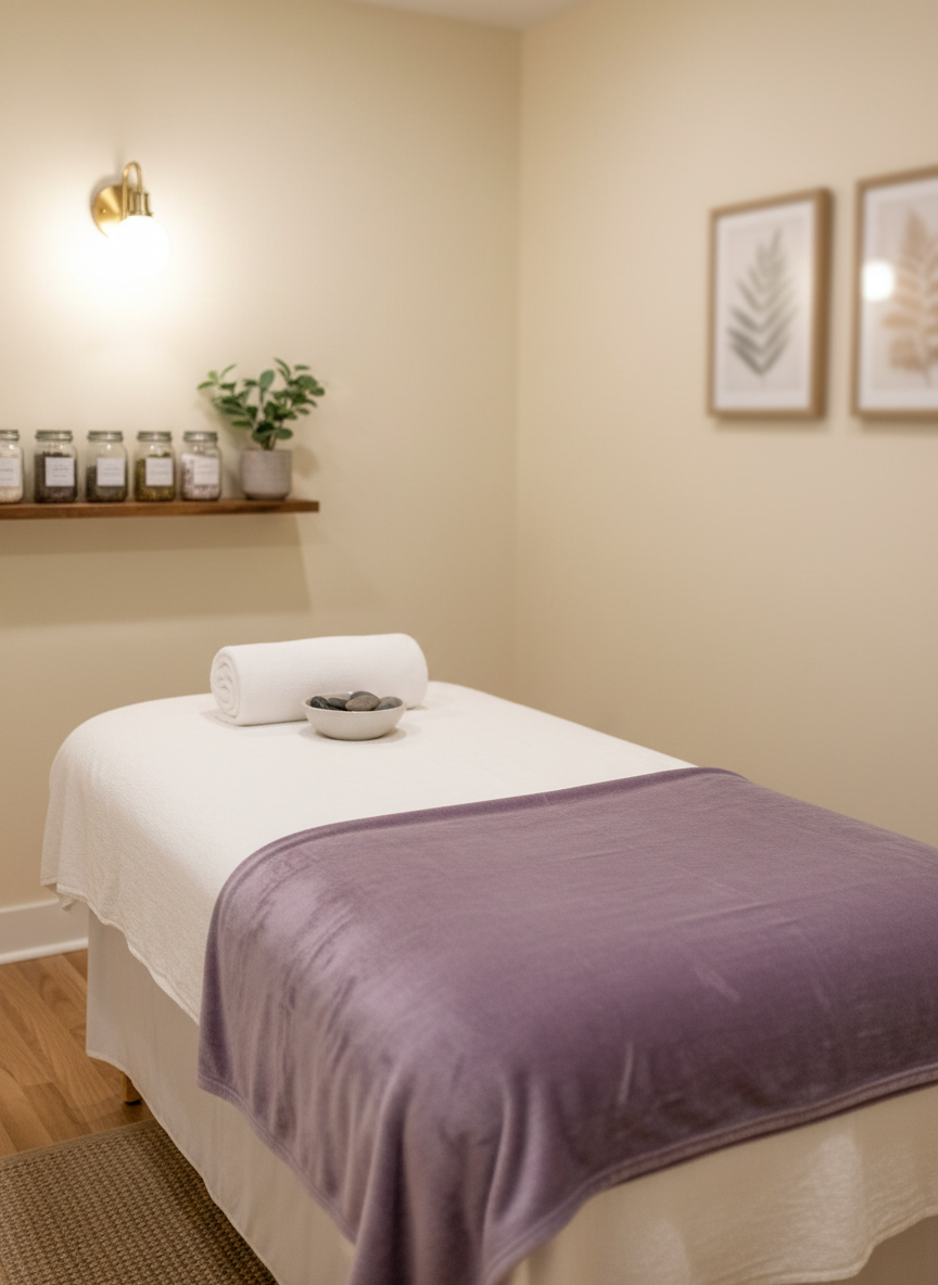 A tranquil medical-spa treatment room designed for perinatal care, shown without any people. A heated massage table is draped in crisp white cotton sheets and a velvety lavender throw that reflects #6B4C7A, with a rolled towel at the head and a small bowl of smooth river stones beside it. The walls are a warm cream tone, with a single brushed-gold sconce casting soft, diffused light. A floating shelf holds neatly arranged glass jars of herbal bath salts, labeled in muted gray text, and a small potted eucalyptus plant. Shot from a slightly elevated angle with a shallow depth of field, the far wall softly blurred, the mood is deeply soothing yet clinical enough to feel safe, evoking a high-end maternal wellness spa in photographic realism.